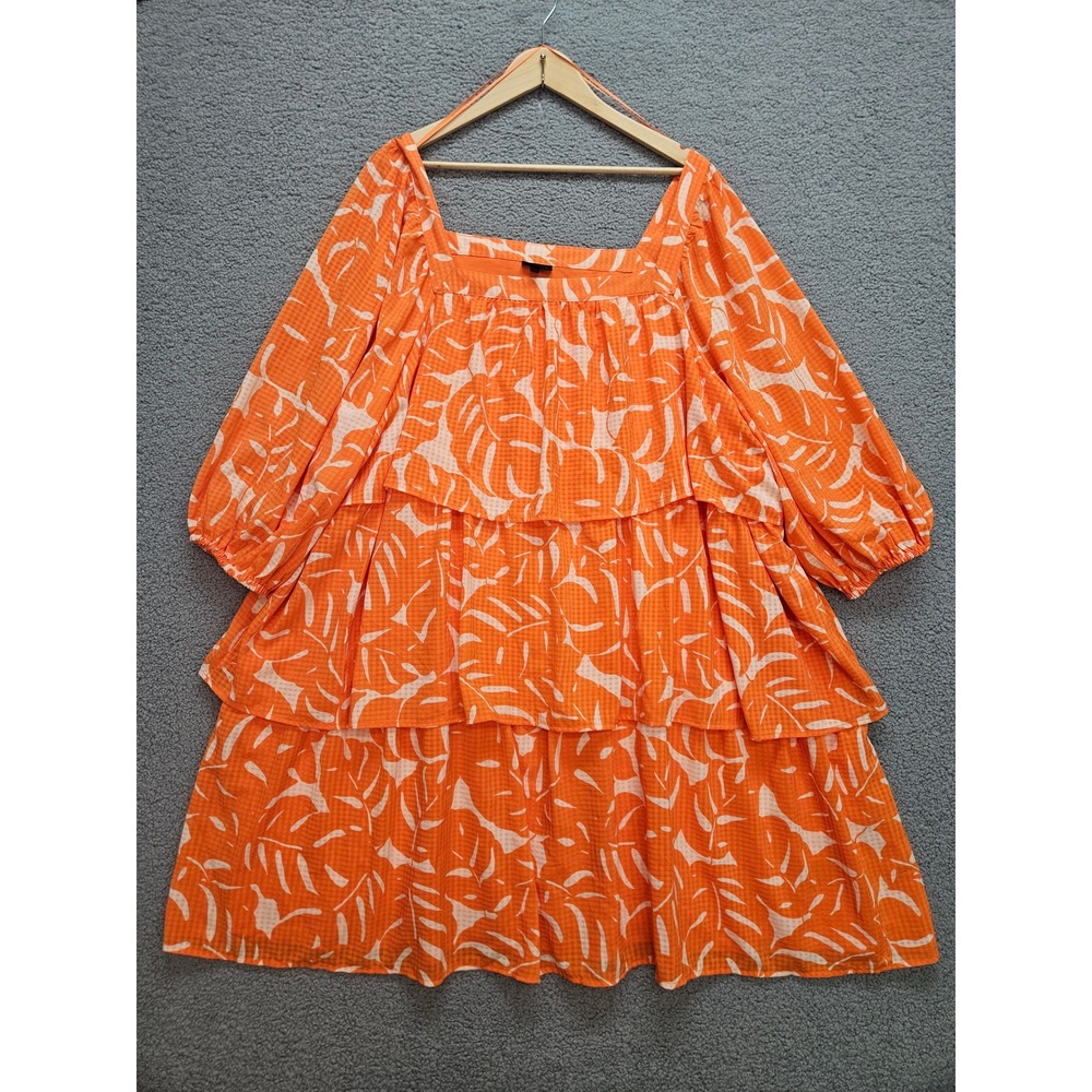 Who What Wear Tiered Mini Dress 3X Orange Tropical Leaf Square Neck Boho Summer